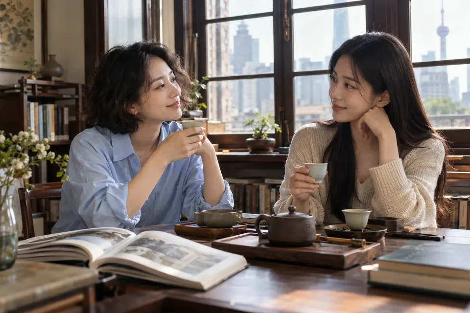 年轻女性在城市茶席前阅读与品茶的场景