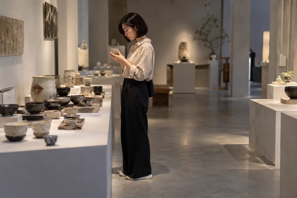 茶器展览与品饮并置的陈列场景