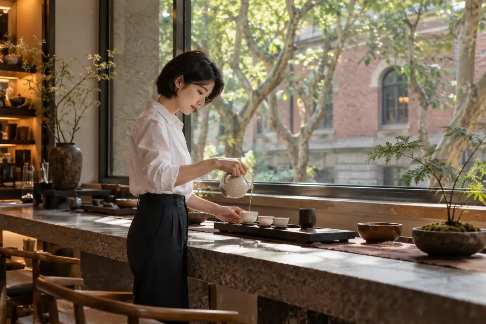 都市街区茶室中倒茶与白瓷器具的场景