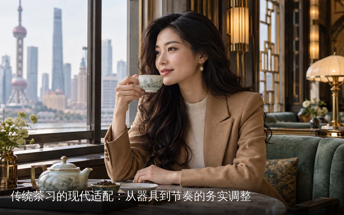 年轻女性在城市茶席前阅读与品茶的场景